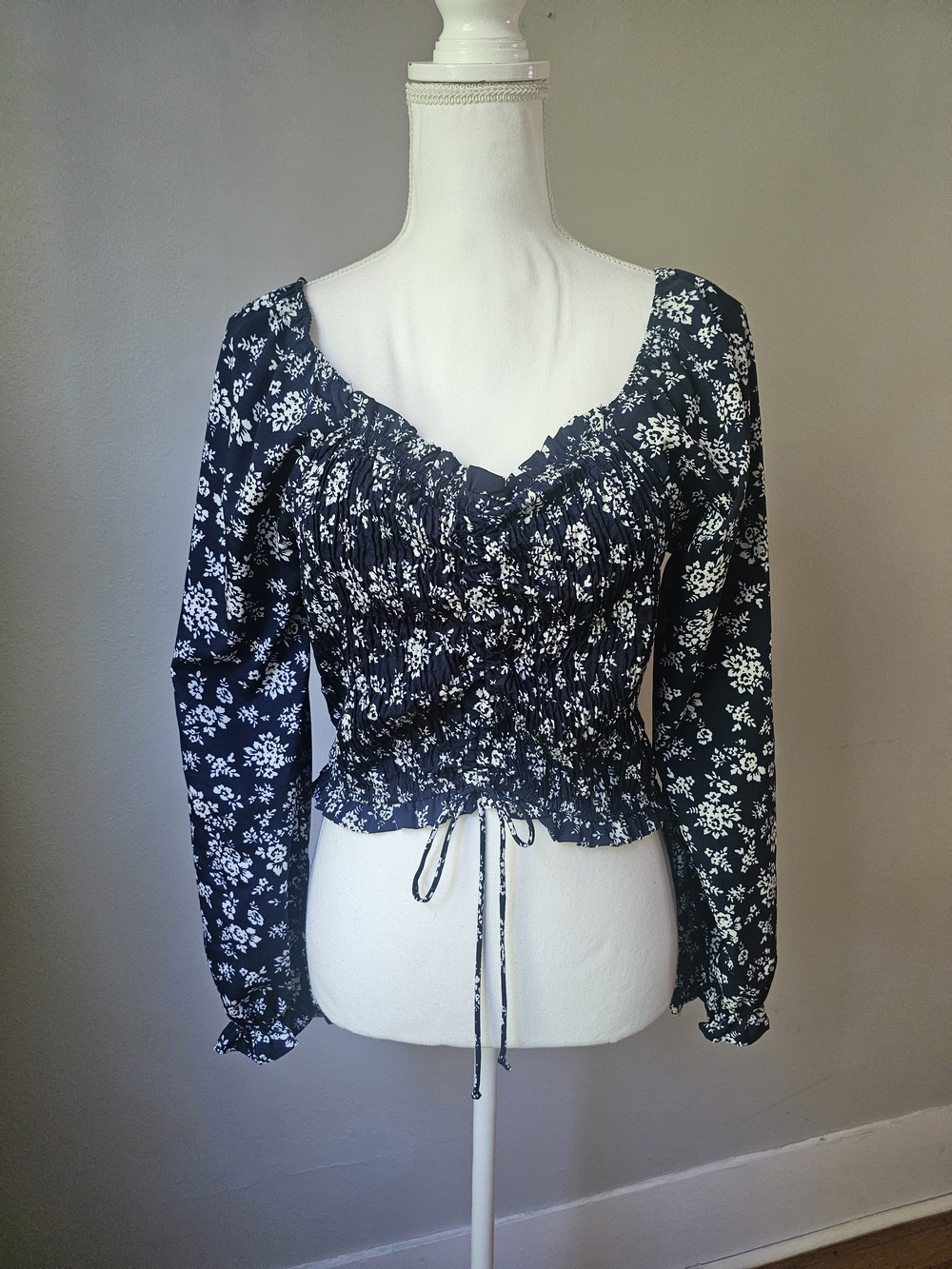 Navy and White Smocked Floral Long-Sleeve Crop Top